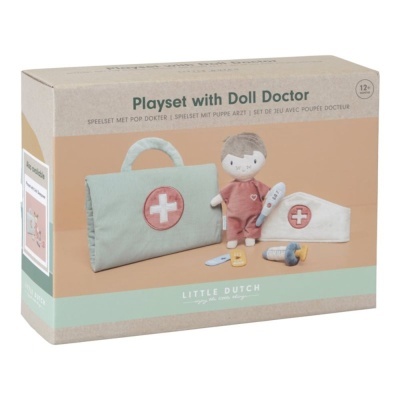 Caixa de jogo Playset with Doll Doctor com boneca médica e acessórios em fundo bege