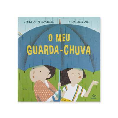 Capa colorida de livro infantil com duas crianças sob um guarda-chuva azul na chuva.