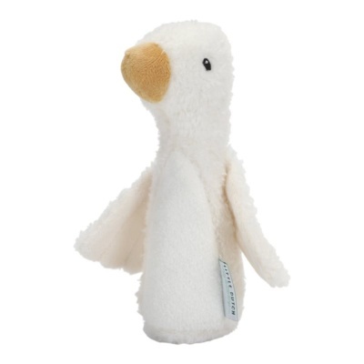 Brinquedo de pelúcia em forma de pato branco com bico castanho claro