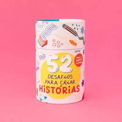 Produto cilíndrico branco colorido com texto '52 Desafios para Criar Histórias'