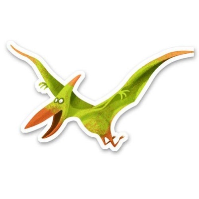 Autocolante com desenho de pterodáctilo verde e laranja.