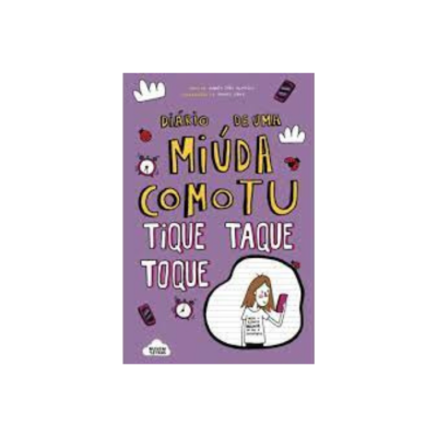 Capa de livro roxa com texto e ilustração de menina com telemóvel