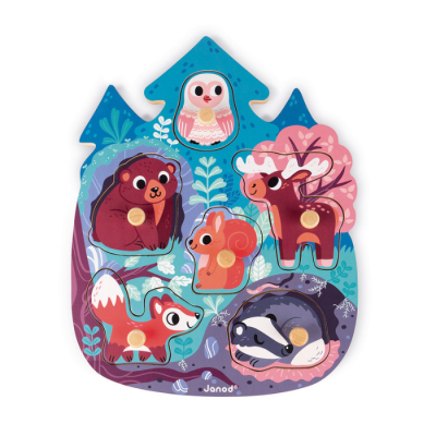 Quebra-cabeças de madeira de animais da floresta com puxadores em fundo azul e rosa