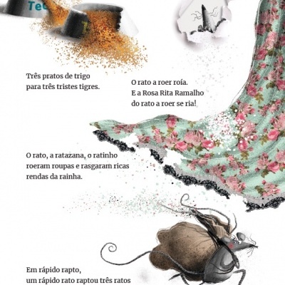 Página de livro infantil com ilustrações de pratos de trigo, rato e vestido rasgado e texto em português