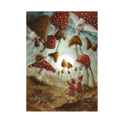 Ilustração de cogumelos vermelhos e marrons com dois coelhos vestidos em floresta