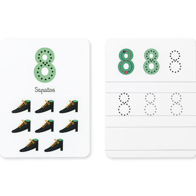 Cartões educativos com o número 8 e imagens de sapatos para aprender a contar e escrever.