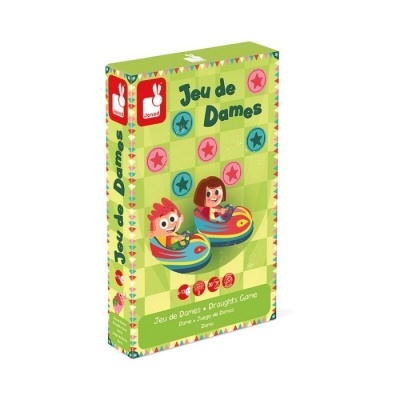 Embalagem colorida de jogo de tabuleiro Jeu de Dames com personagens em carros de choque