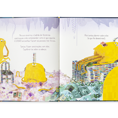 Livro ilustrado aberto com personagens amarelos e texto em português.
