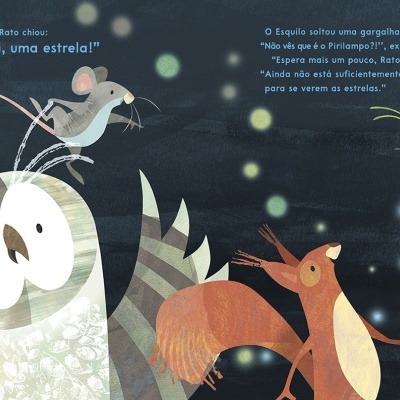 Ilustração de coruja, rato, pássaro e inseto luminoso com fundo estrelado e texto em português.
