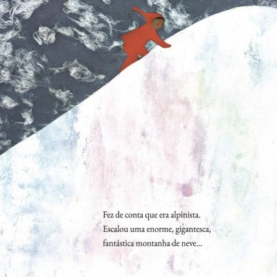 Desenho de alpinista com casaco vermelho a escalar montanha de neve com fundo de nuvens.