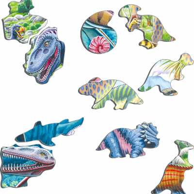 Peças de puzzle em madeira com formas de dinossauros coloridos