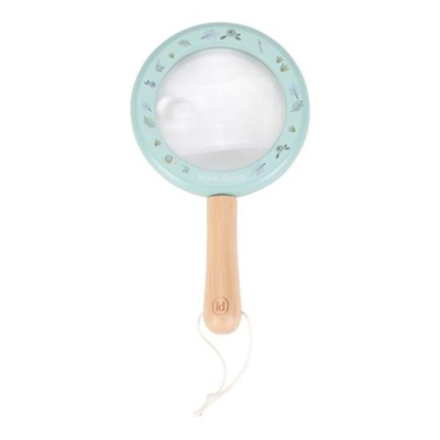 Lupa com pega de madeira e aro azul claro com estampas de natureza