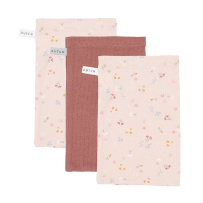Três panos de cozinha em algodão, dois com padrão floral e um liso bordeaux com etiquetas 'DUTCH'