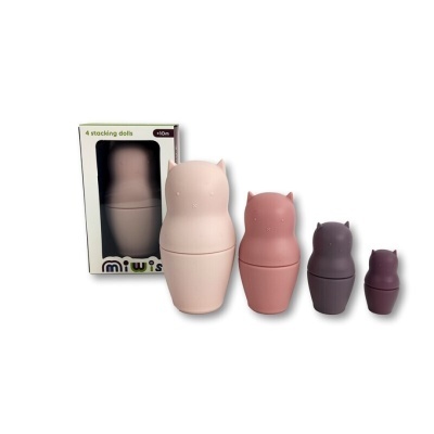 Conjunto de 4 bonecas empilháveis em plástico rosa e roxo com embalagem