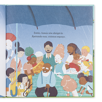 Ilustração de grupo de crianças e adulto sob guarda-chuvas azuis em página de livro infantil