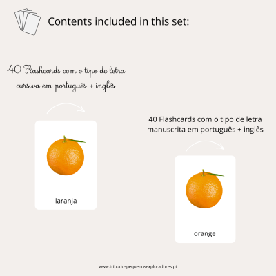 Cartões de estudo com imagem de laranja e texto em português e inglês.