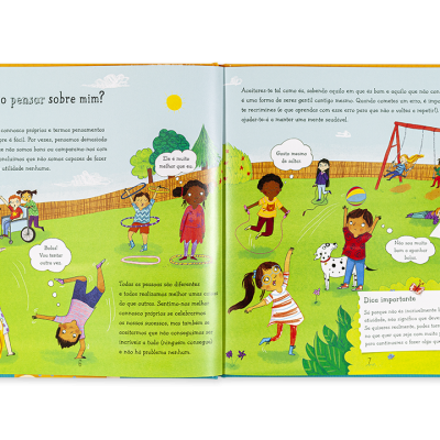 Livro infantil aberto com ilustrações coloridas de crianças a brincar num parque e texto em português