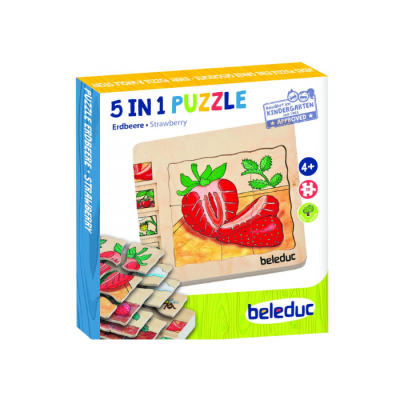 Caixa de puzzle 5 em 1 com imagem de morango e texto Erdbeere - Strawberry.