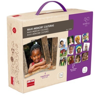 Caixa do jogo Maxi-Memory Culturas com imagens de crianças e texto informativo
