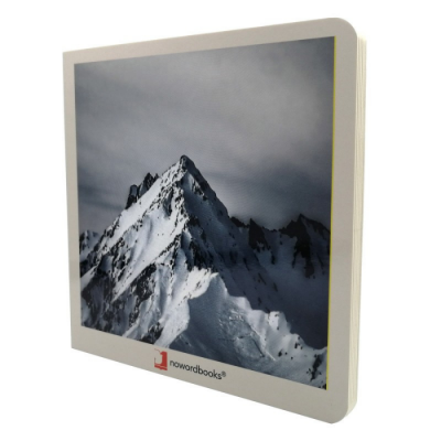 Capa de livro quadrado com foto de montanha nevada e texto nowardbooks