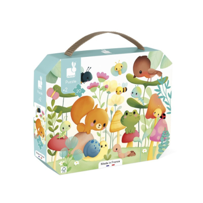 Caixa de puzzle infantil com ilustração de animais e flores, 20 peças, Janod