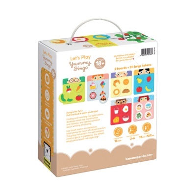 Embalagem do jogo infantil Let's Play Yummy Bingo com imagens coloridas e texto informativo
