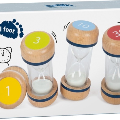 Três ampulhetas de madeira em embalagem branca