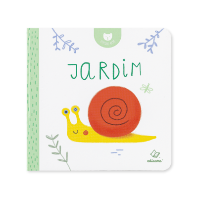 Livro infantil com ilustração de caracol e texto Jardim