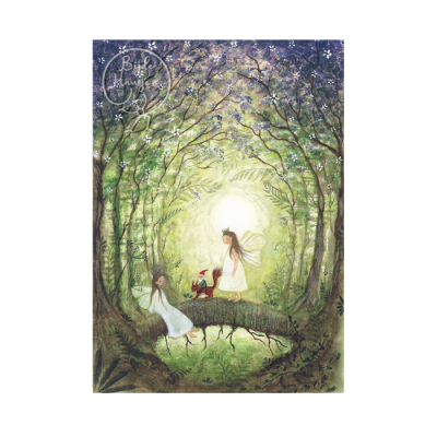 Ilustração de fadas numa floresta iluminada com texto 'to Build a house'