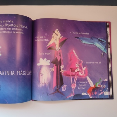 Página de livro ilustrado com personagens coloridos e texto em português europeu.