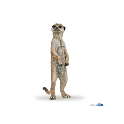 Figura de um suricato em pé com pêlo castanho e cinza sobre fundo branco