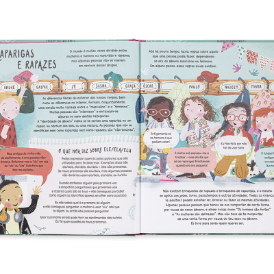 Páginas de livro ilustrado com texto e desenhos coloridos de crianças e jovens conversando.