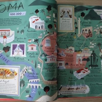 Página ilustrada de livro com mapa e desenhos de monumentos antigos de Roma e textos descritivos