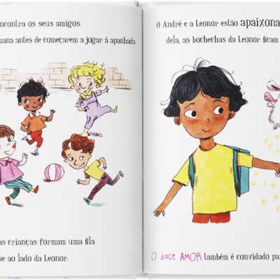 Livro infantil aberto com crianças a brincar e dois meninos com criatura mágica