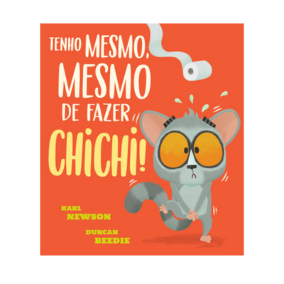 Capa de livro laranja com texto e ilustração de animal cinzento e papel higiénico