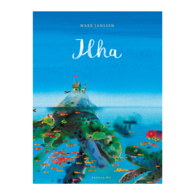 Capa de livro Ilha com ilustração de tartaruga gigante no mar e peixes coloridos.