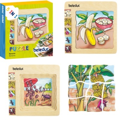 Puzzle de madeira 5 em 1 beleduc com imagens de banana e natureza