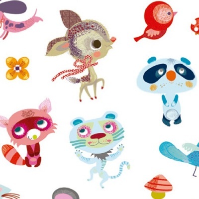 Desenhos infantis coloridos de animais e elementos da natureza sobre fundo branco