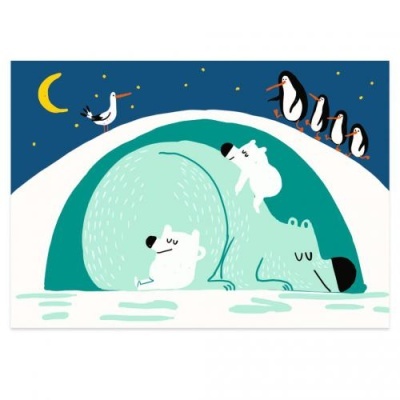 Ilustração de urso polar com filhote, pinguins, gaivota e lua crescente sobre um iglu.