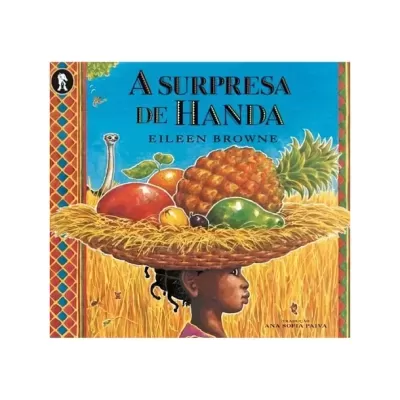 Capa de livro com rapariga e frutas num chapéu de palha