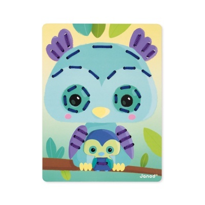 Puzzle infantil em cartão com desenho de pássaro azul, roxo e amarelo