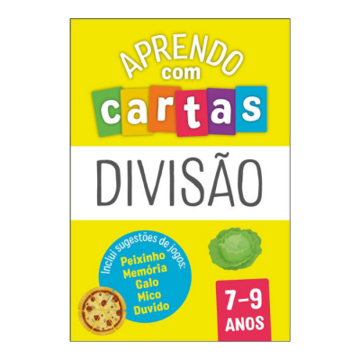 Caixa do jogo educativo APRENDO com cartas DIVISÃO para 7-9 anos com sugestões de jogos e imagens de pizza e alface