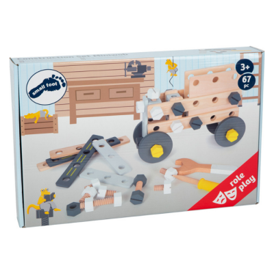 Jogo de construção em madeira e plástico com ferramentas e peças para montar um carrinho