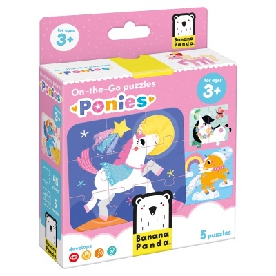Caixa rosa de puzzles infantis com ilustrações de pónis coloridos e logo Banana Panda.