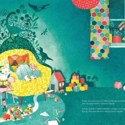 Ilustração de uma cadeira amarela com padrão floral e brinquedos espalhados no chão azul esverdeado.