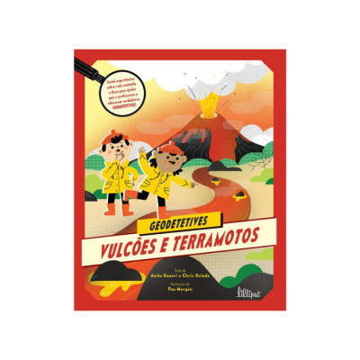 Capa de livro infantil sobre vulcões e terramotos com duas crianças à frente de um vulcão em erupção