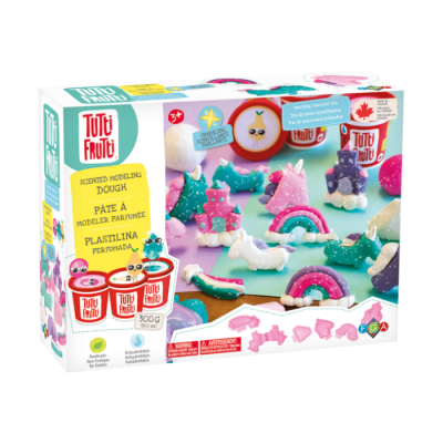 Caixa de massa de modelar Tutti Frutti com várias formas coloridas modeladas