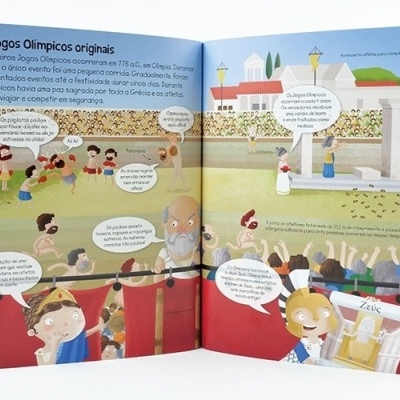 Página dupla de livro infantil ilustrado sobre os Jogos Olímpicos originais, com textos e imagens coloridas.