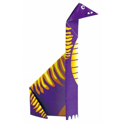 Brinquedo de dinossauro em papel cartonado roxo e amarelo