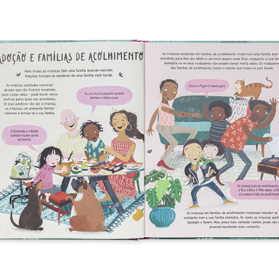 Página aberta de livro ilustrado sobre adoção com várias personagens e animais